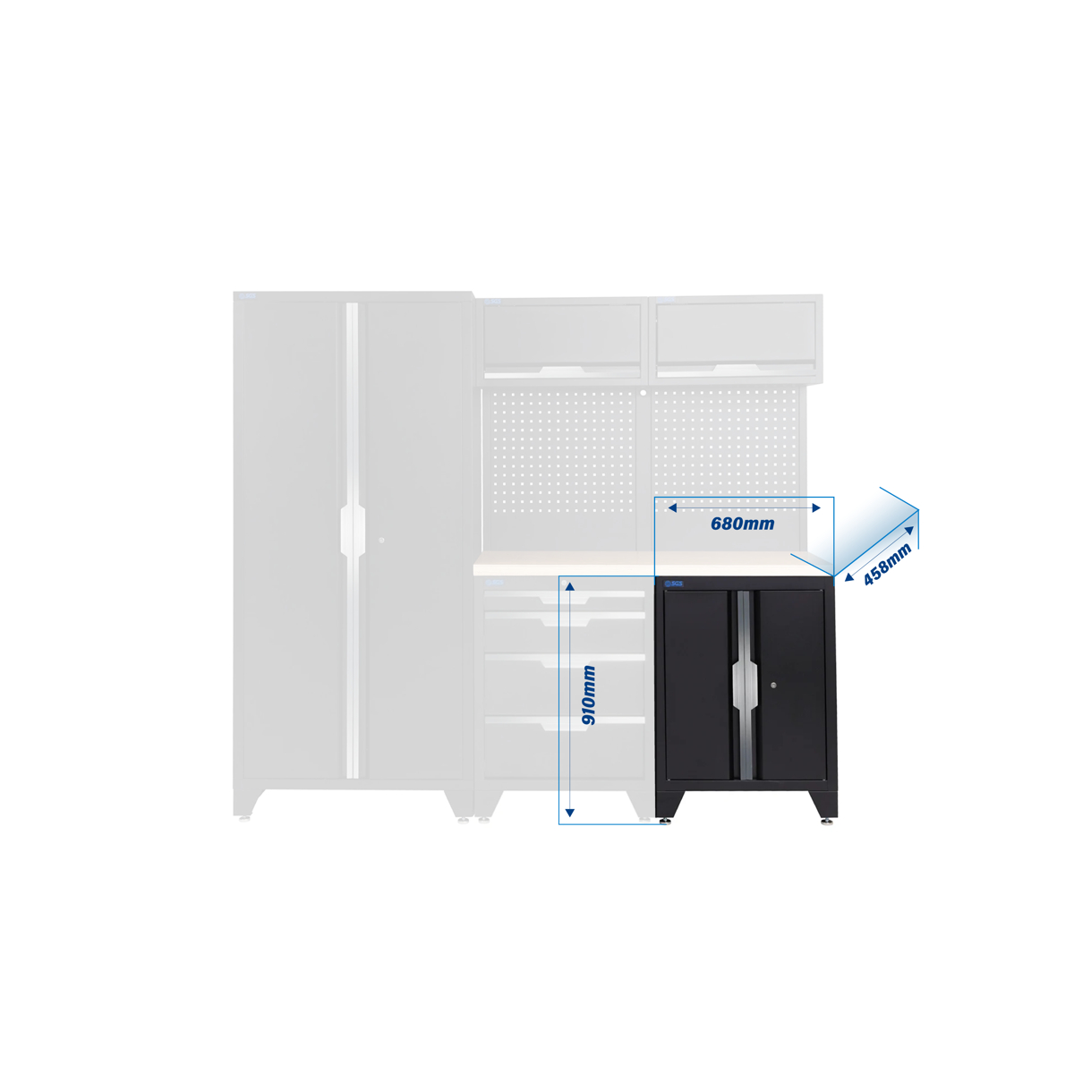 SGS 7pc Garage Storage System | 4 Drawers | Pressed Wood Worktop | Floor Cabinet | 2x Upper Cabinets | Tall Double Cabinet